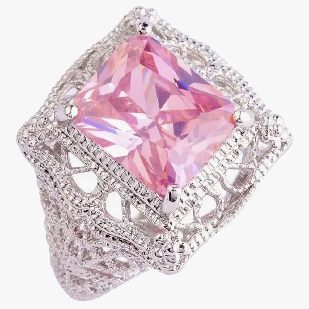 Intricate Silver Ring with Pink Gemstone - Picture 3 of 3